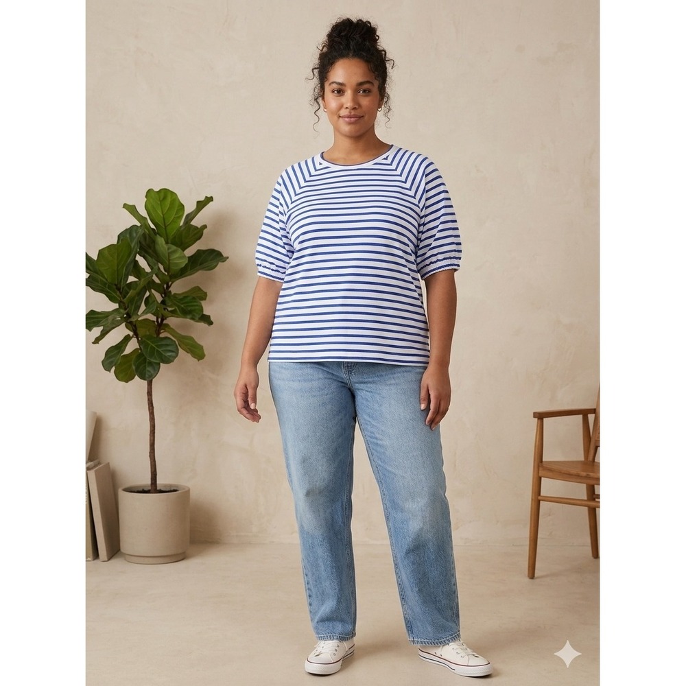 J.Crew T-Shirt Womens S Blue Striped AW139 Puff Raglan Sleeve Cotton Top